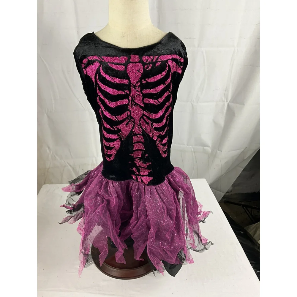 Halloween Costume Girl M 7-8 Pink Black Glitter Skeleton Dress Sleeve Tights Bow
